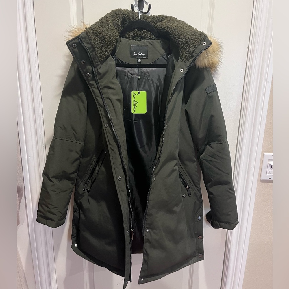 Sam Edelman Dark Green Puffer Coat with Faux Fur Hood